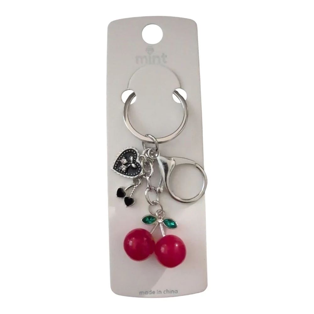 Mint Red Cherry Keychain/ Bag Charm In Gold Or Silver 1pc